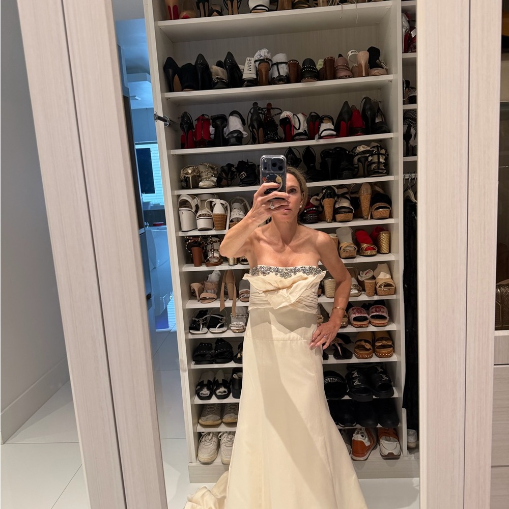 Monique Lhuillier Ivory Strapless Bridal Gown with Silver Trim